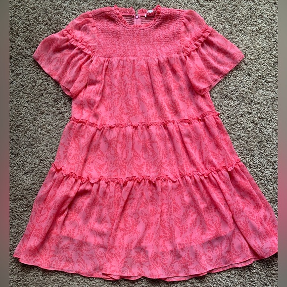 Oliviaceous Dresses & Skirts - OlIVIACEOUS Pink Tiered Gauze Ruffle Smocked Babydoll Dress Lined Short Sleeves